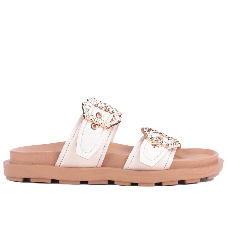 Sail Lakers - Bej Renk Hakiki Deri Taş Detaylı Kadın Terlik