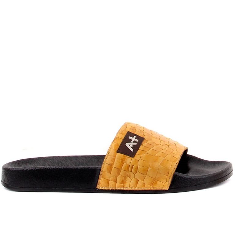 Özel Üretim - Hardal Renk İç, Dış Deri Croco DesenliErkek Terliği