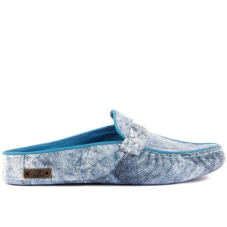 Sail Lakers - Mavi, Beyaz Deri Desenli Kadın Ev Terliği