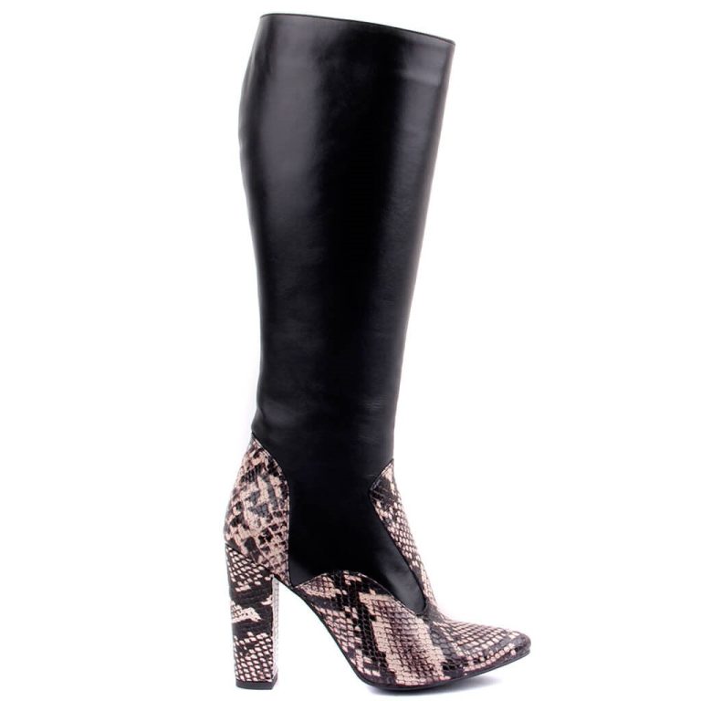 Sail Lakers - Siyah Deri Desenli Fermuarlı Kadın Çizme