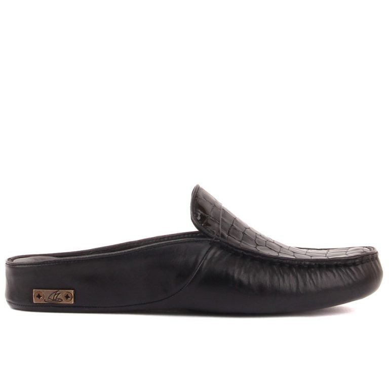 Sail Lakers - Siyah Deri, Rugan Croco Desenli Erkek Ev Terliği