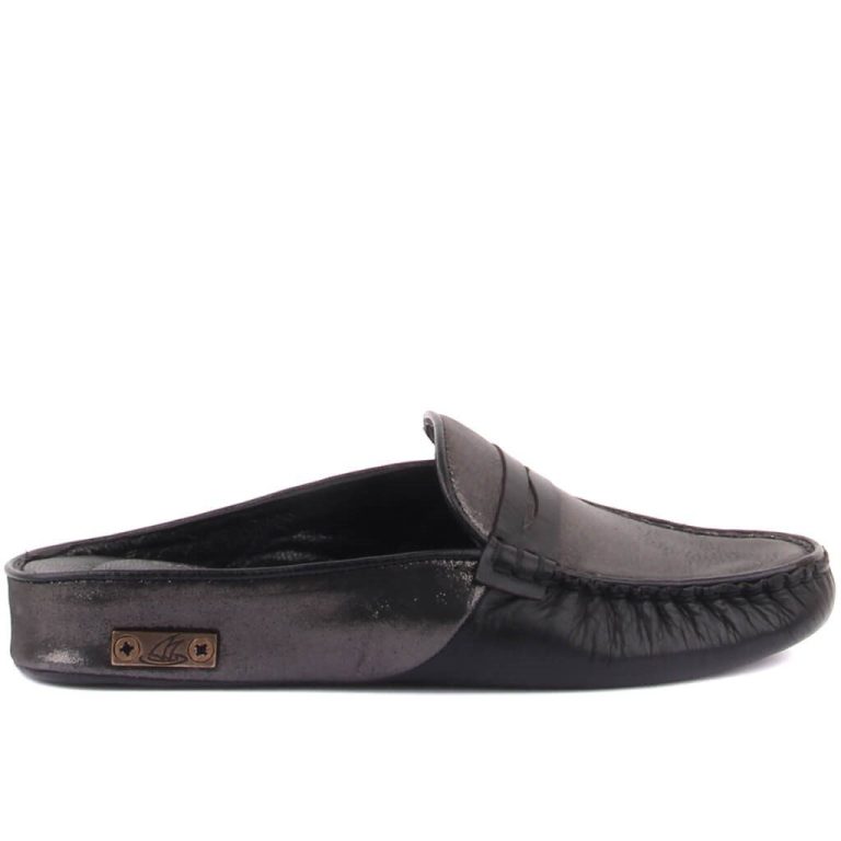 Sail Lakers - Siyah Deri Sim Detaylı Kadın Ev Terliği